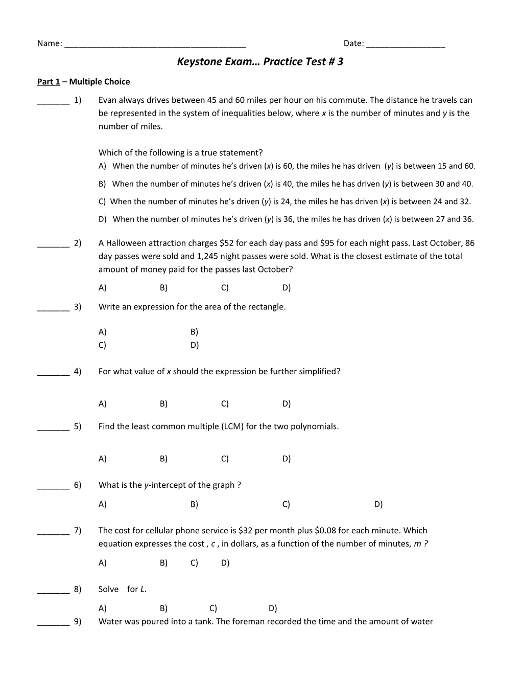 Keystone Exam Practice Test # 3