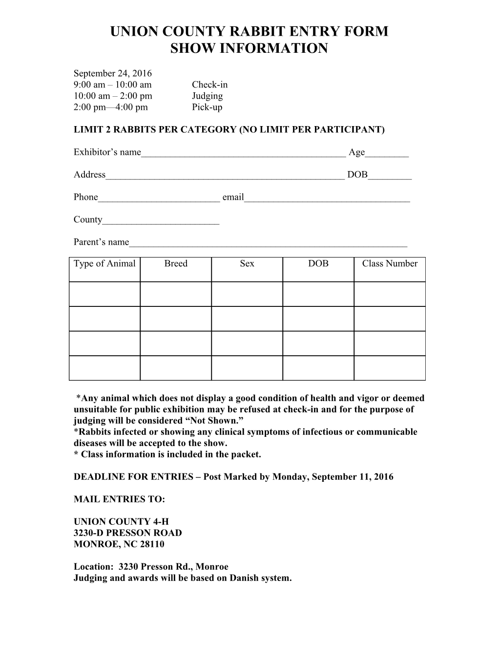 Union County Livestock Entry Form
