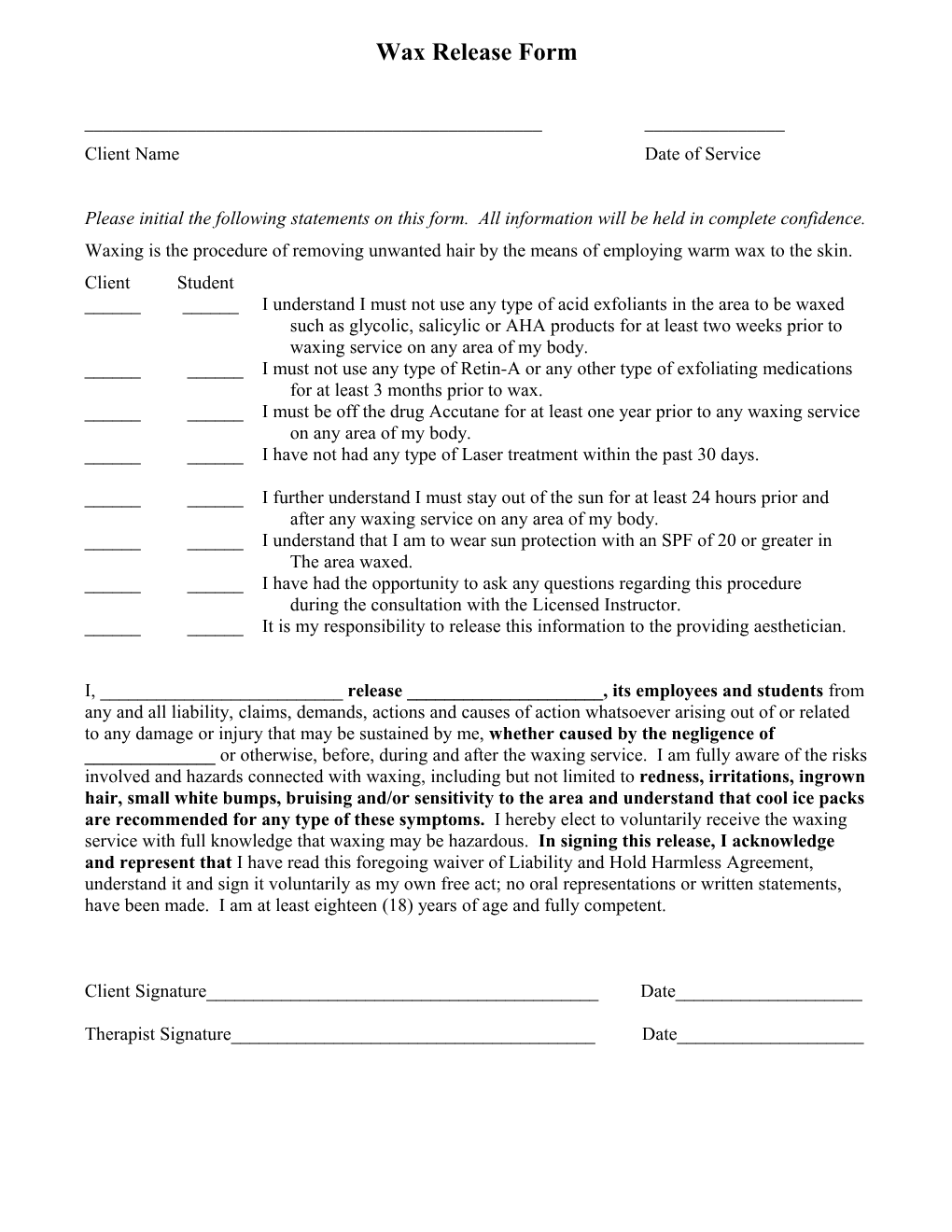 Wax Release Form