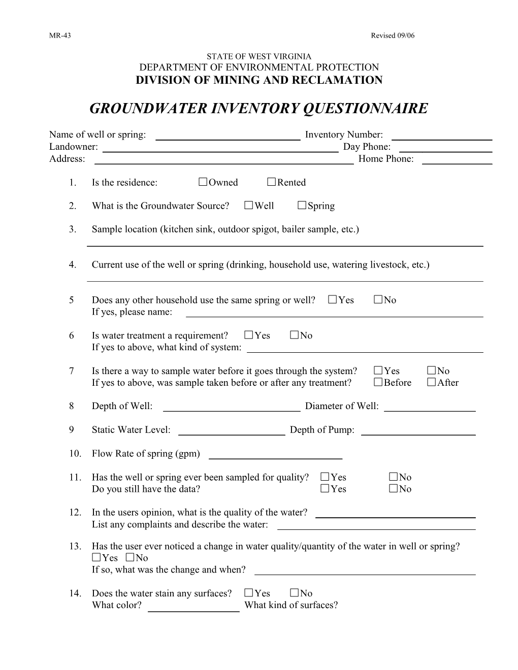 Groundwater Inventory Questionnaire