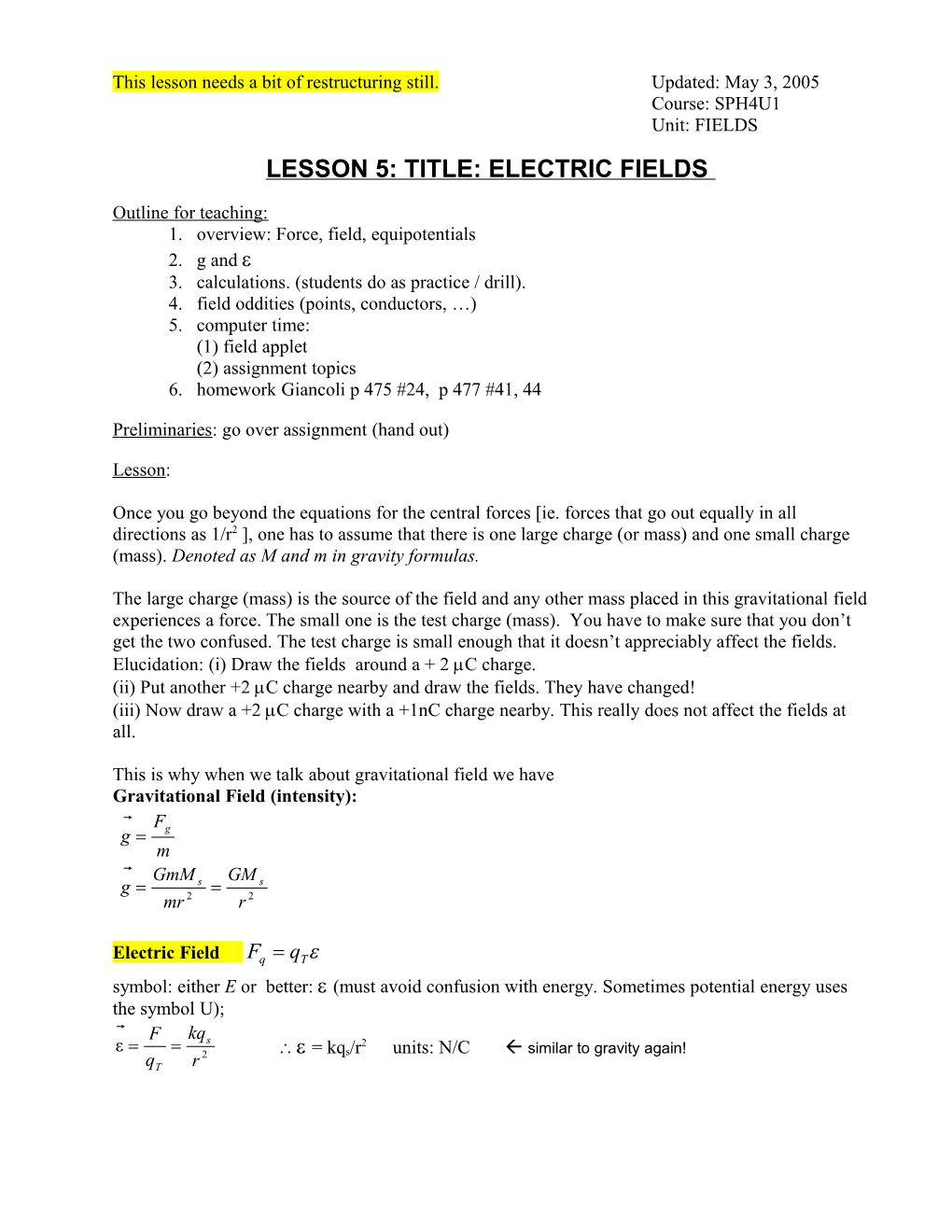 Lesson 5: Title: Electric Fields