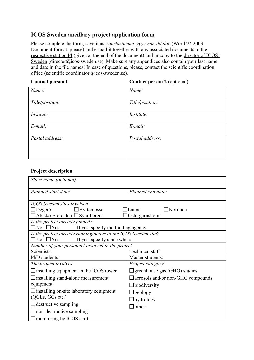 ICOS Sweden Ancillary Project Application Form