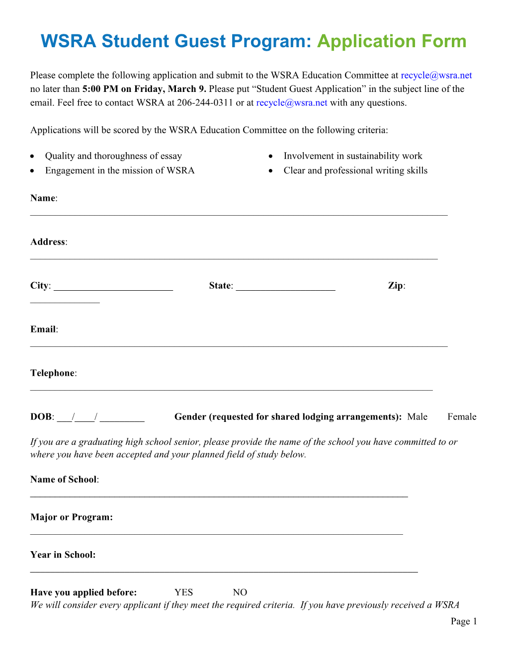 WSRA Student Guest Program: Application Form