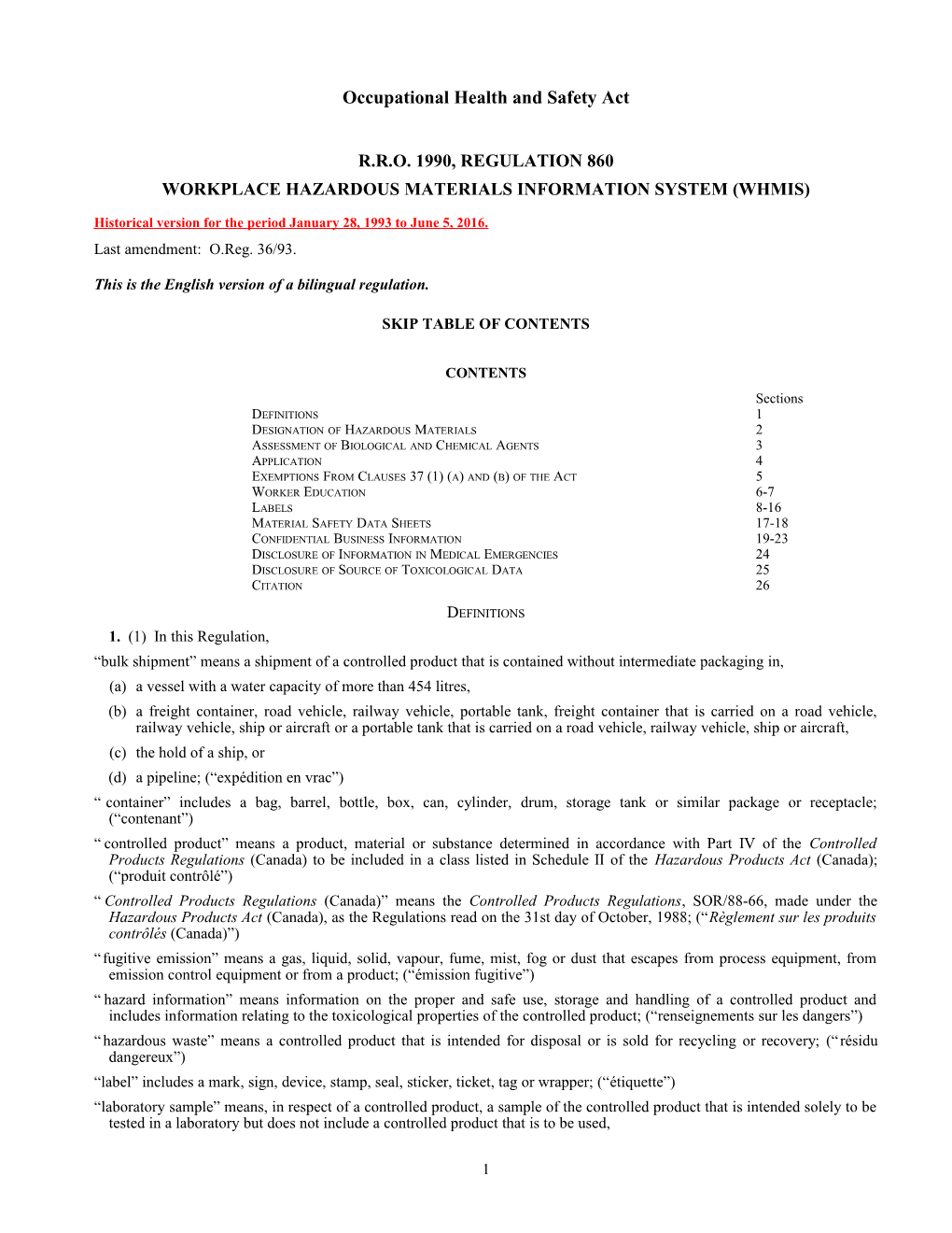 Occupational Health and Safety Act - R.R.O. 1990, Reg. 860