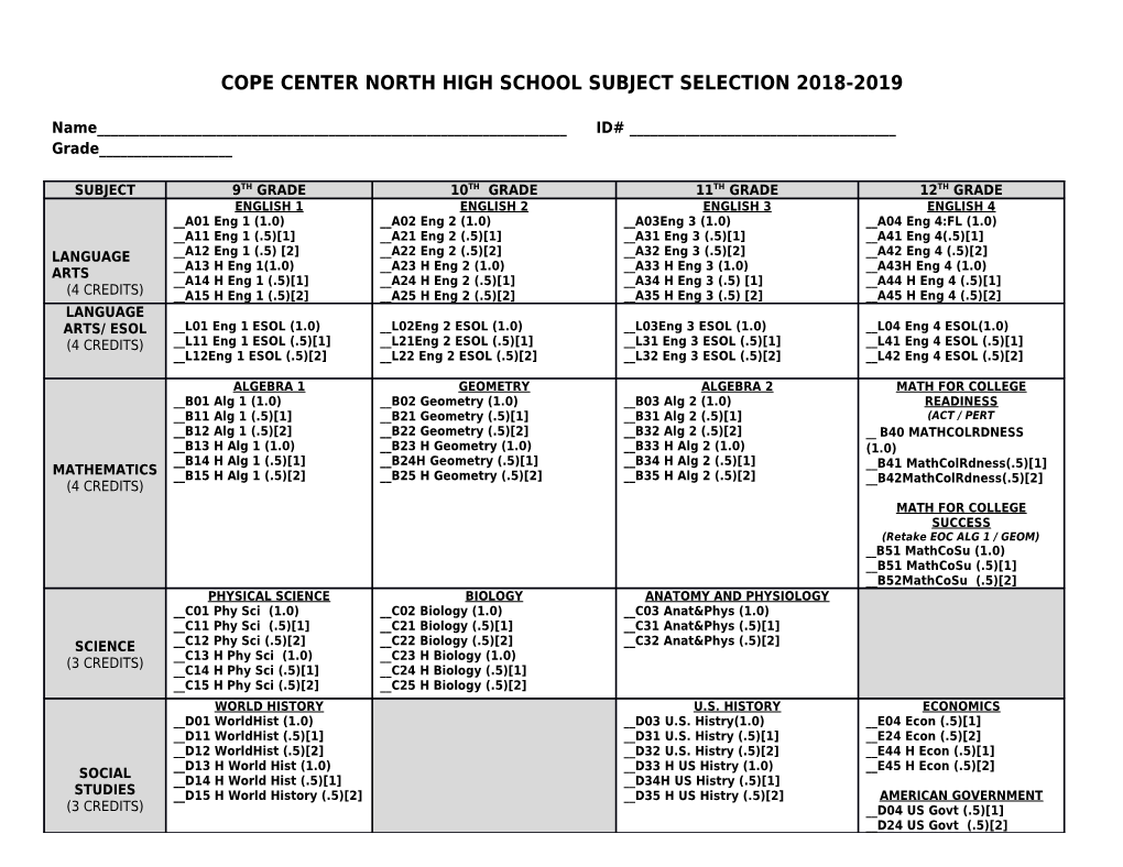 Cope Center Northhigh School Subject Selection2018-2019