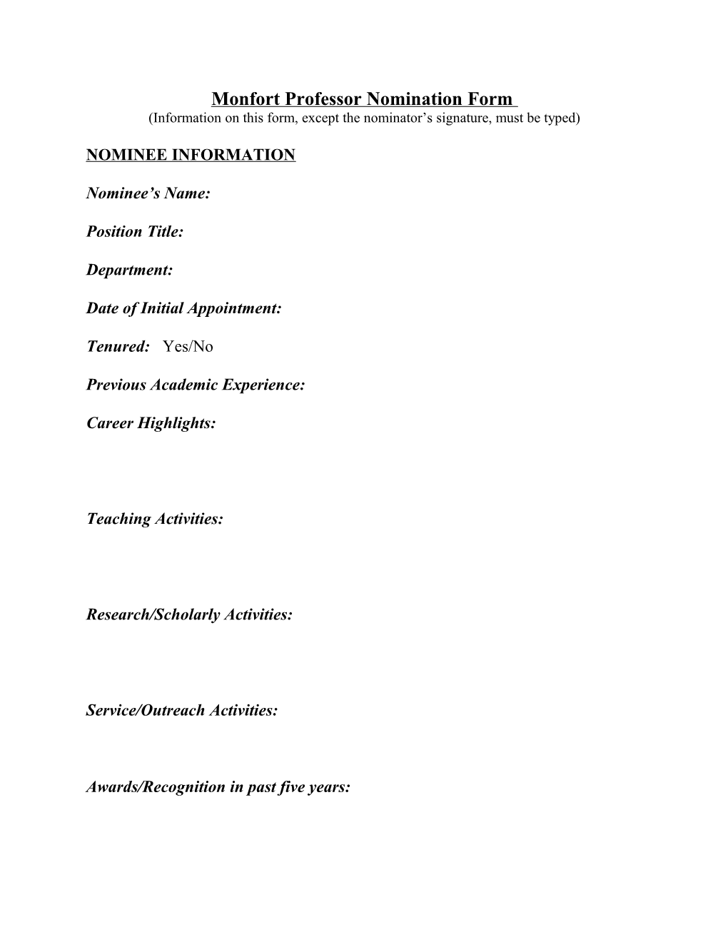 Monfort Professor Nomination Form