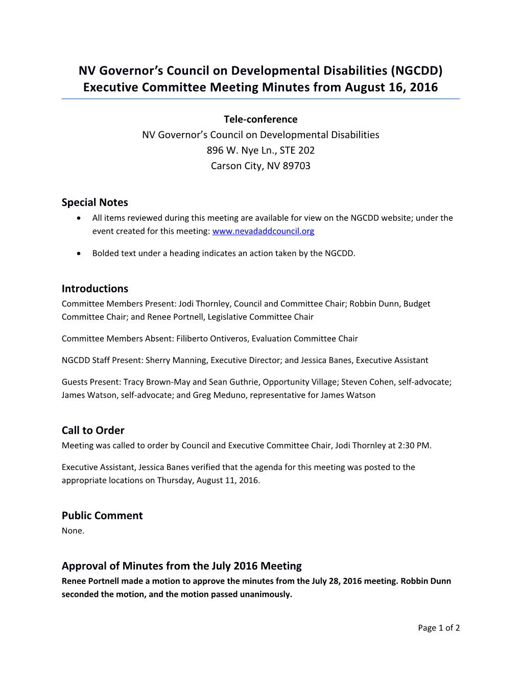 NV Governor S Council on Developmental Disabilities (NGCDD) Executive Committee Meeting