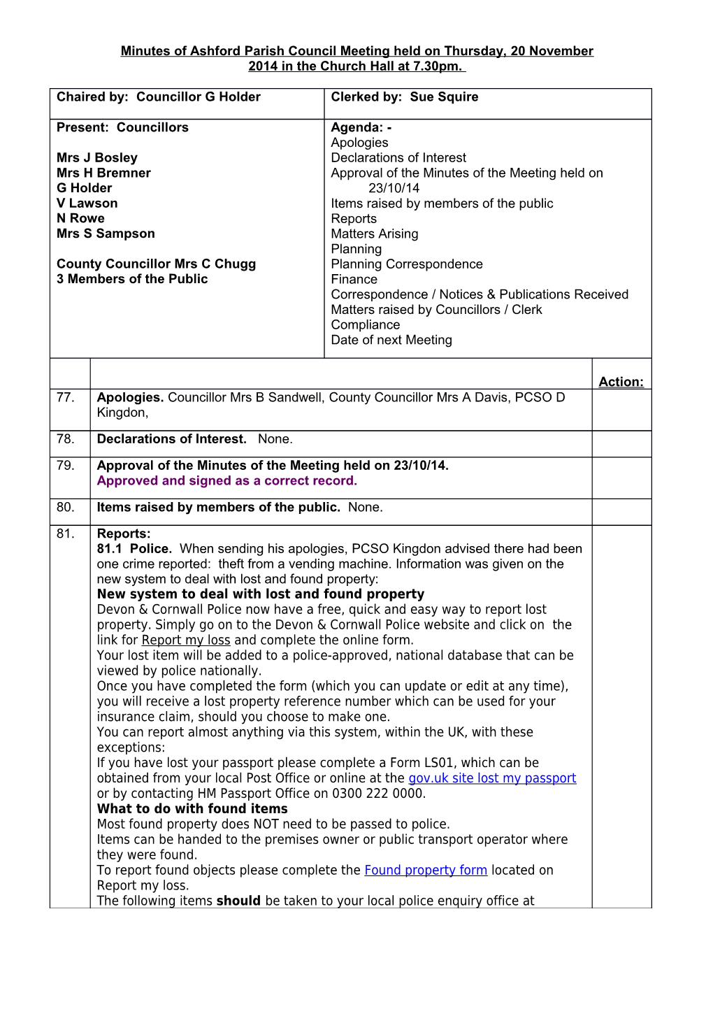 Minutes of Ashford Parish Council Meeting Held on 20.11.14