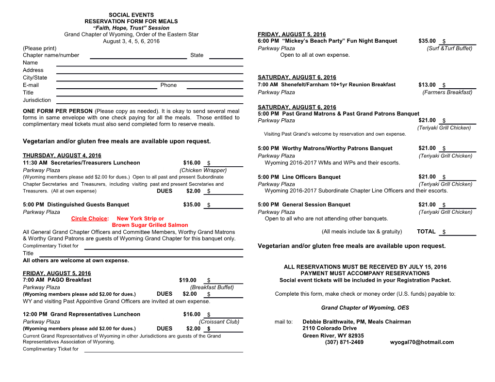 Reservation Form for Meals