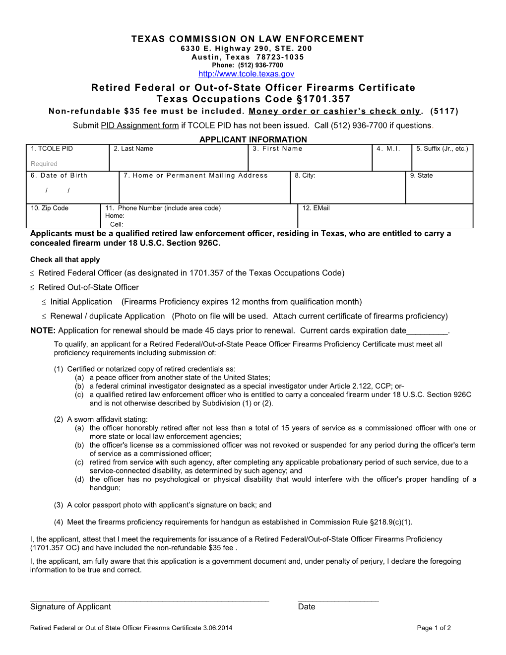 Retired Federal Or Out-Of-State Officer Firearms Certificate