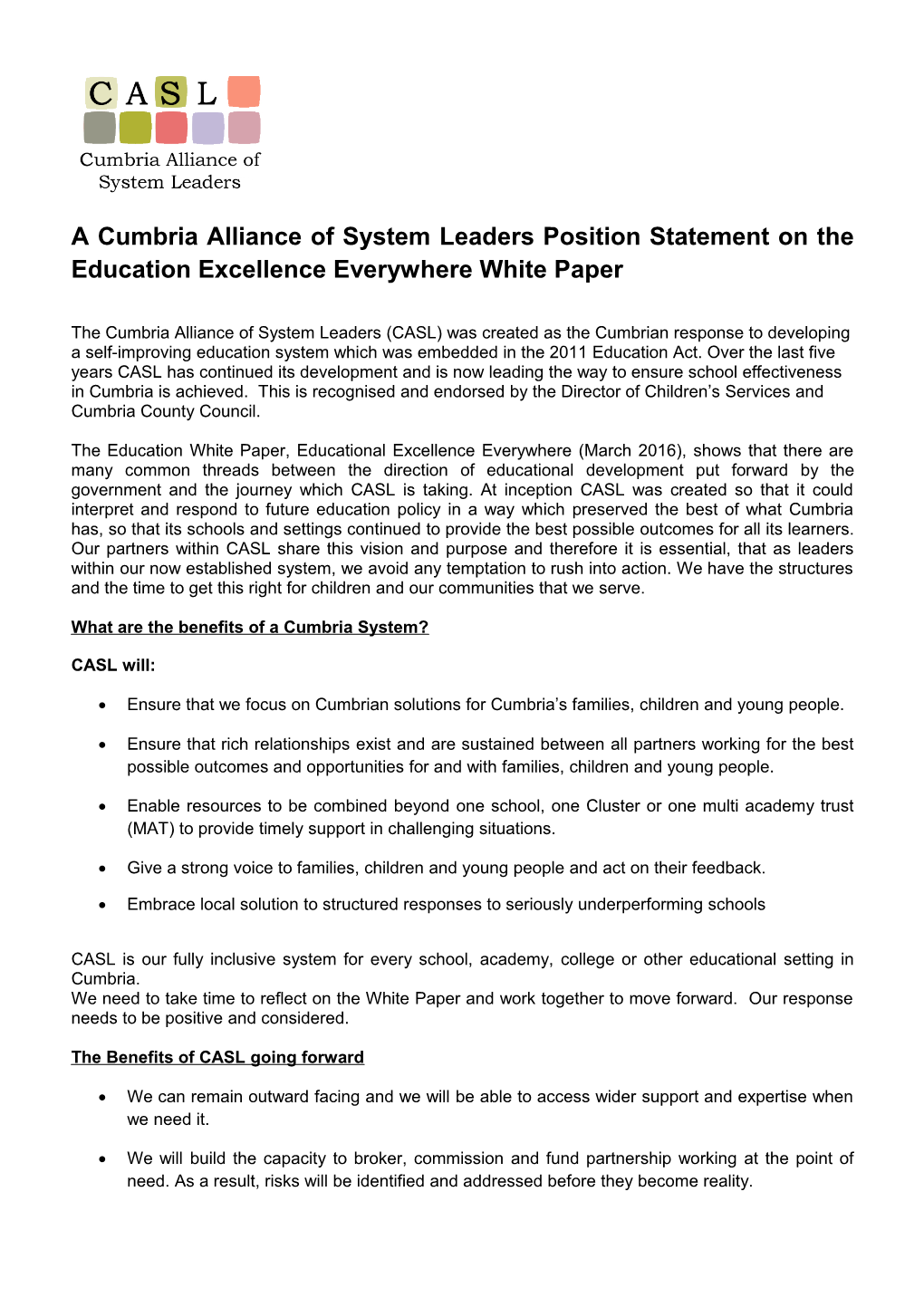 A Cumbria Alliance of System Leaders Position Statement on the Education Excellence Everywhere