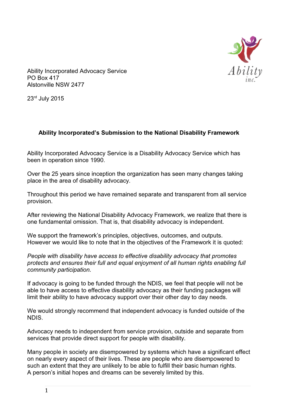 Ability Incorporated S Submission to the National Disability Framework