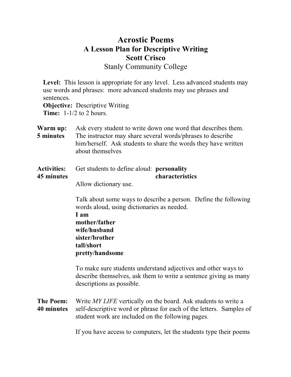 A Lesson Plan for Descriptive Writing