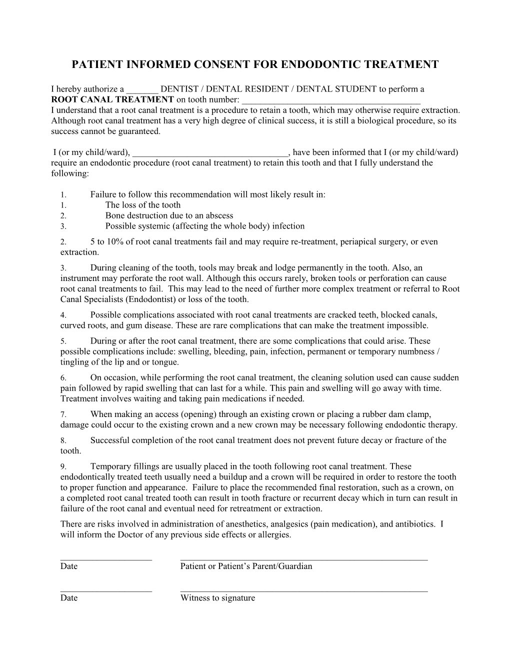 Patient Informed Consent for Endodontic Treatment