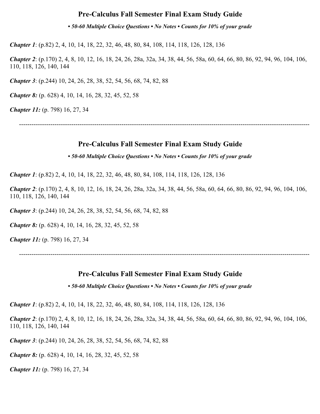 Pre-Calculus Fall Semester Final Exam Study Guide