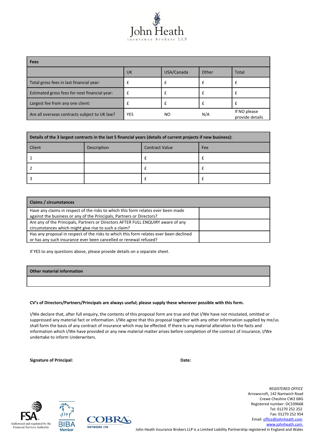 Professional Indemnity Proposal Form