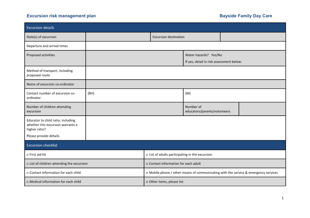 Excursion Risk Management Plan