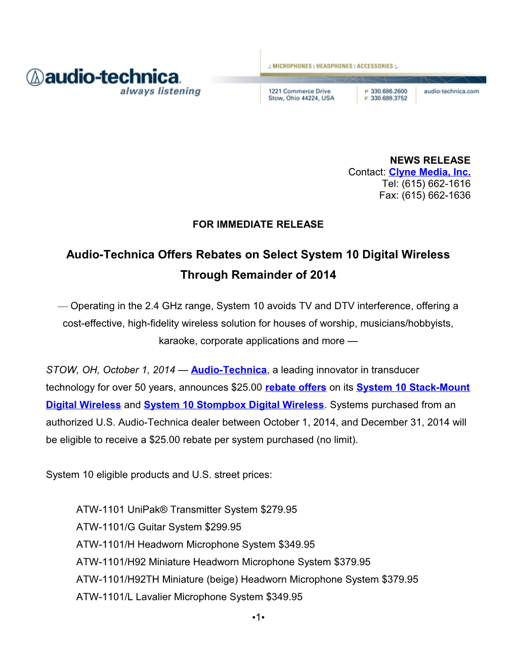 Audio-Technica Offers Rebates on Select System 10 Digital Wireless Through Remainder of 2014