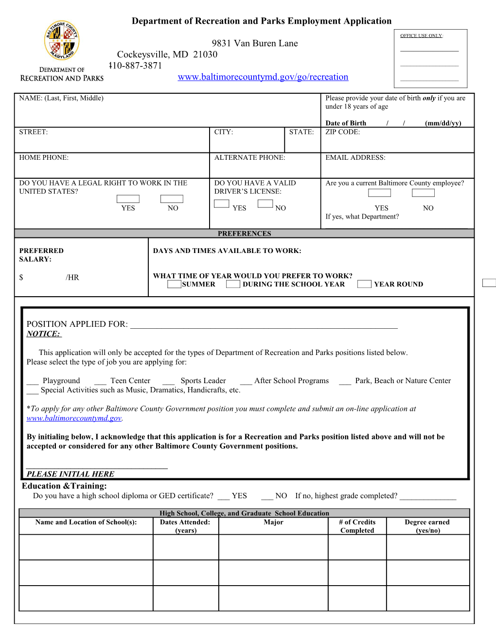 Department of Recreation and Parks Employment Application