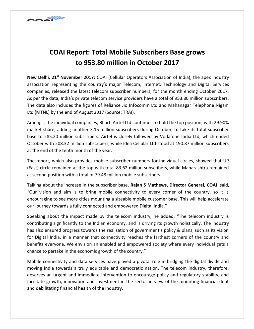 COAI Report: Total Mobile Subscribers Base Grows to 953.80 Million in October 2017