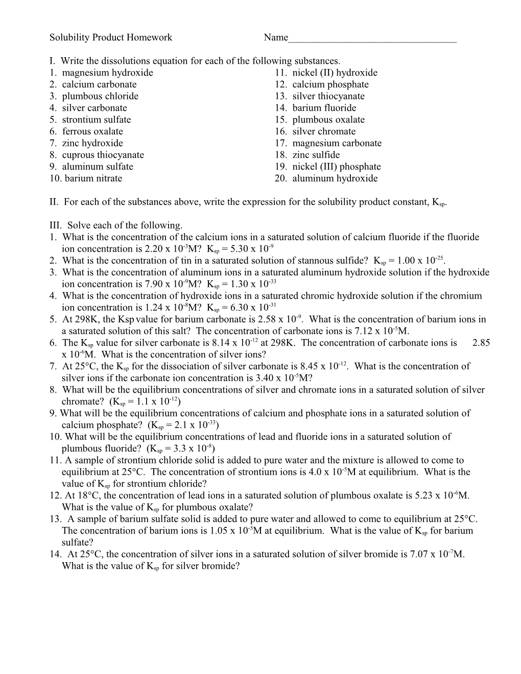 Solubility Product Homework