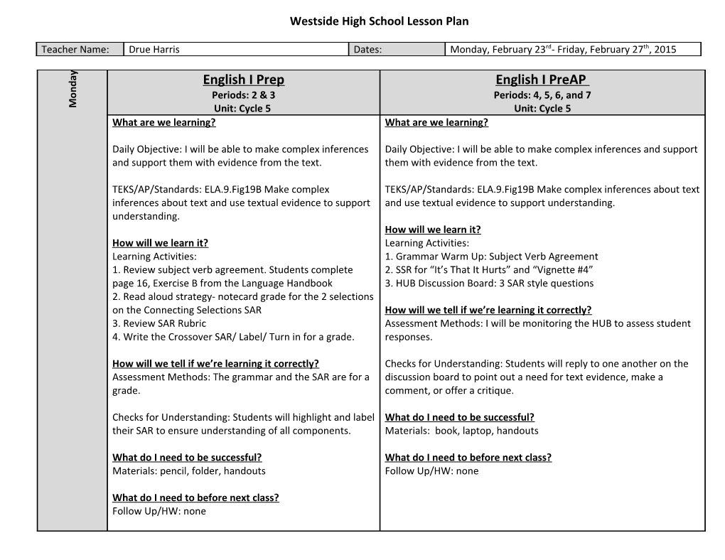 Westside High School Lesson Plan s4