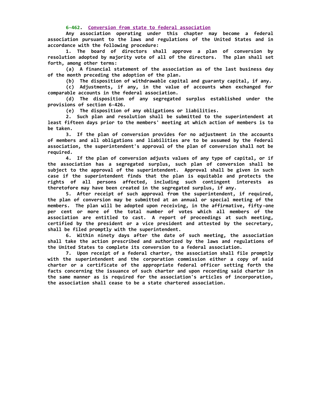 6-462; Conversion from State to Federal Association