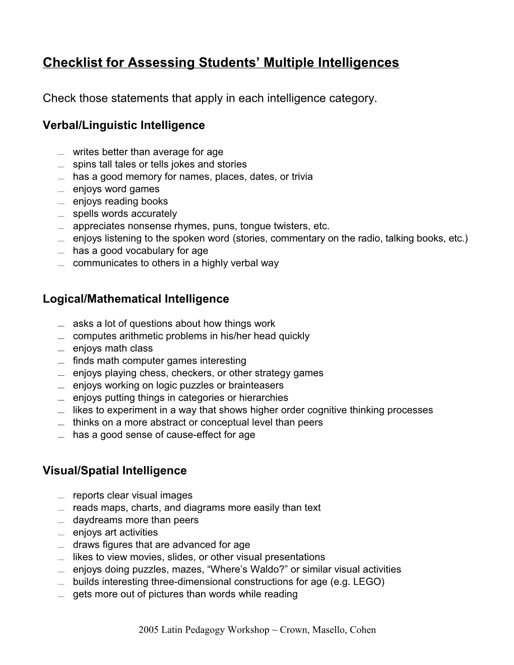 Checklist for Assessing Students Multiple Intelligences