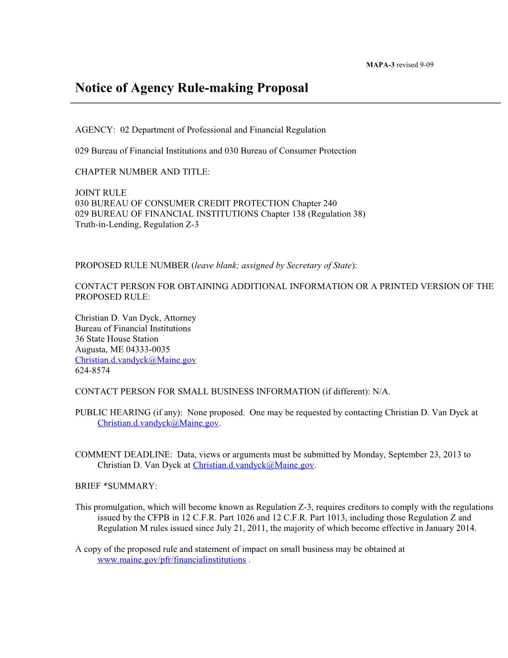 Notice of Agency Rule-Making Proposal