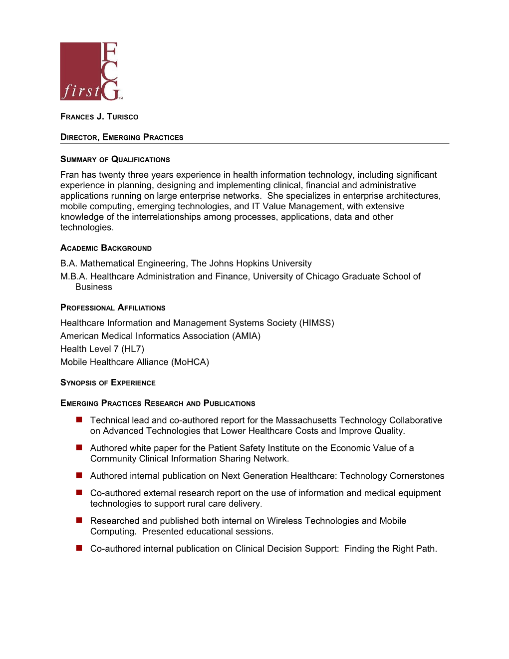 RESUME OF: Turisco, Frances J