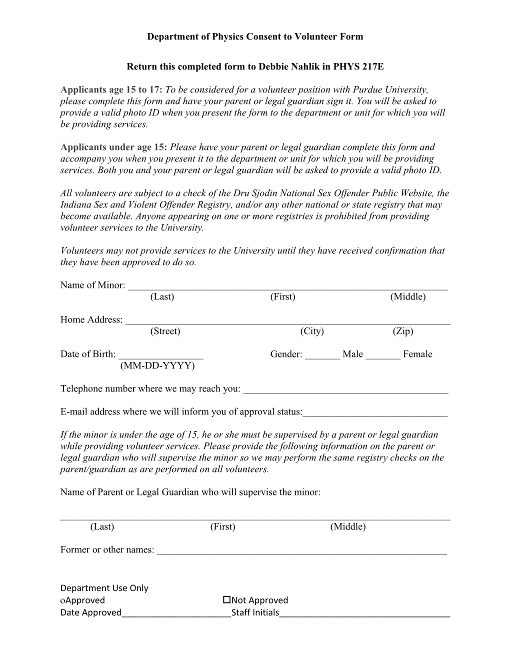 Department of Physics Consent to Volunteer Form