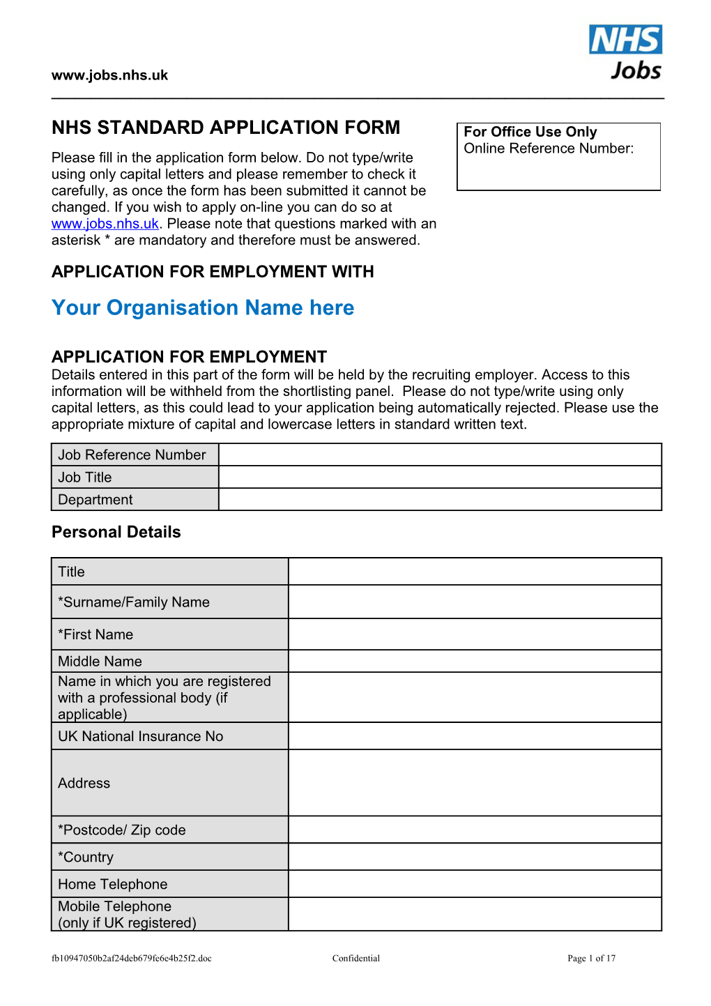 NHS Standard Application Form