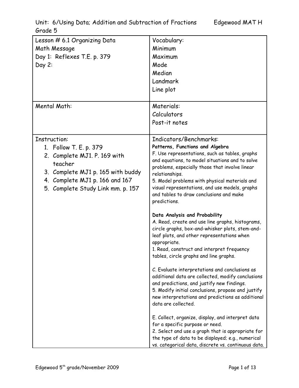 Unit: 6/Using Data; Addition and Subtraction of Fractions Edgewood MAT H Grade 5