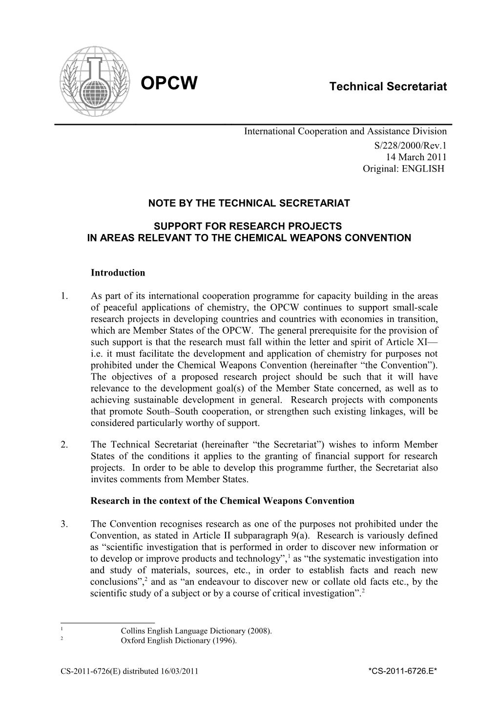 Note by the TECHNICAL Secretariat