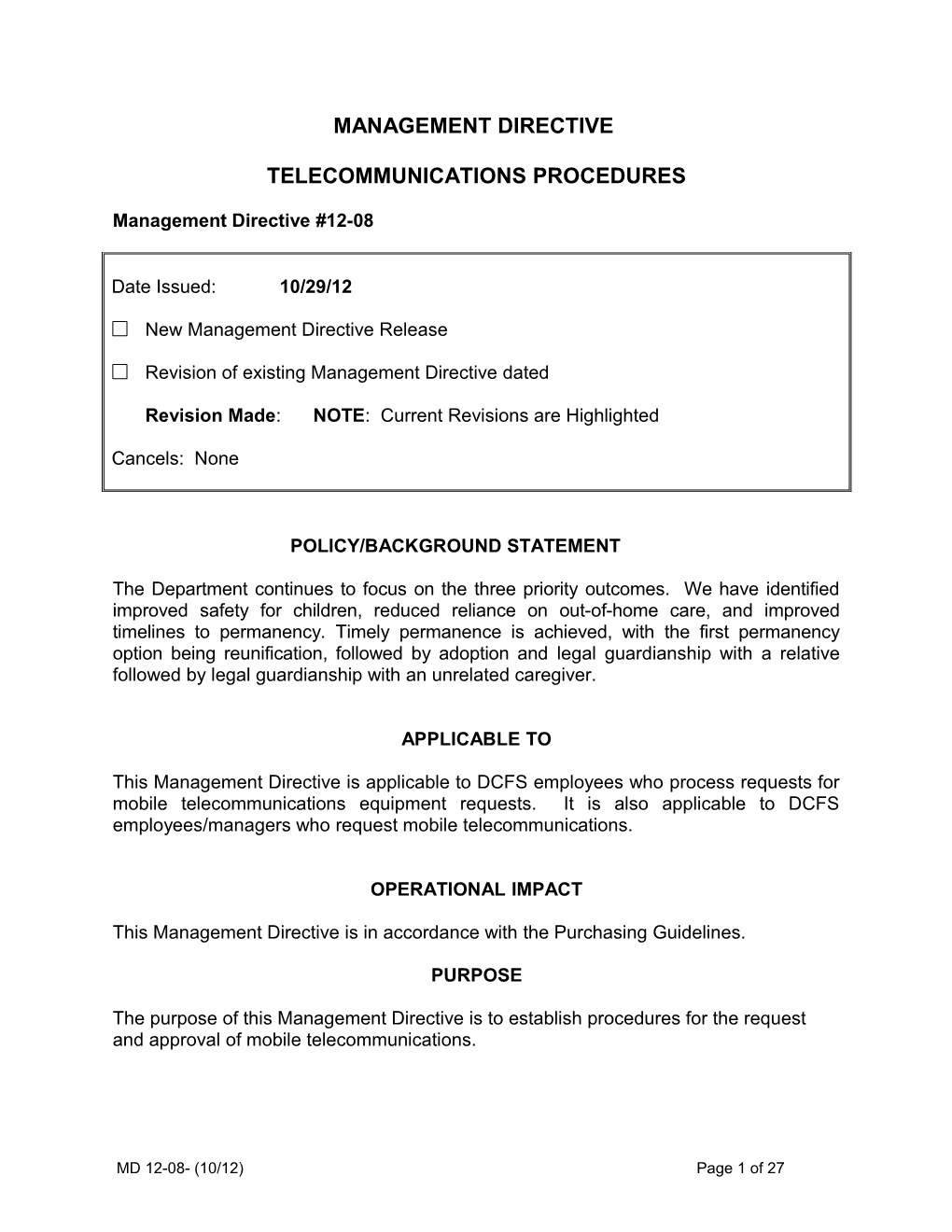 MD 12-08, Telecommunications Procedures