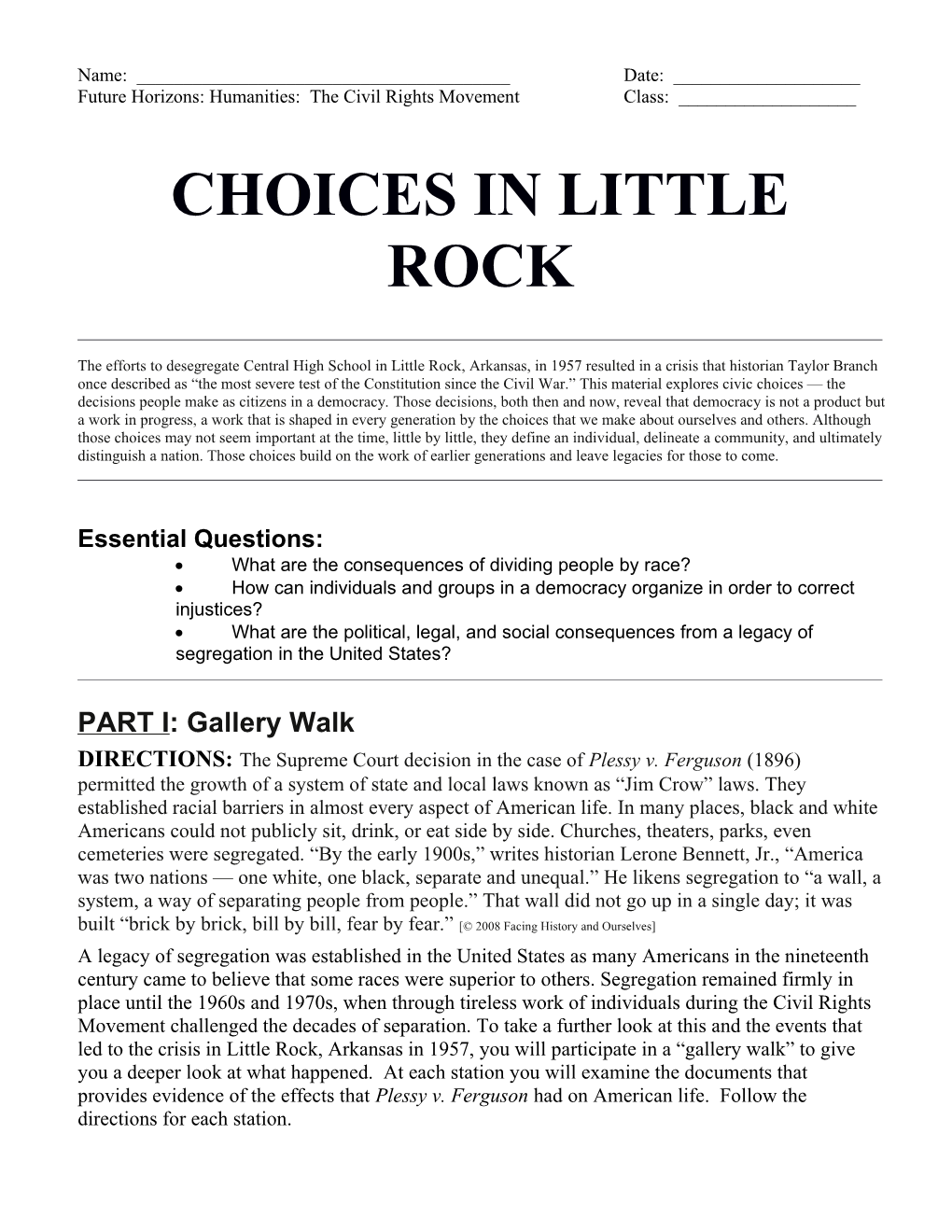 Future Horizons: Humanities: the Civil Rights Movement Class: ______