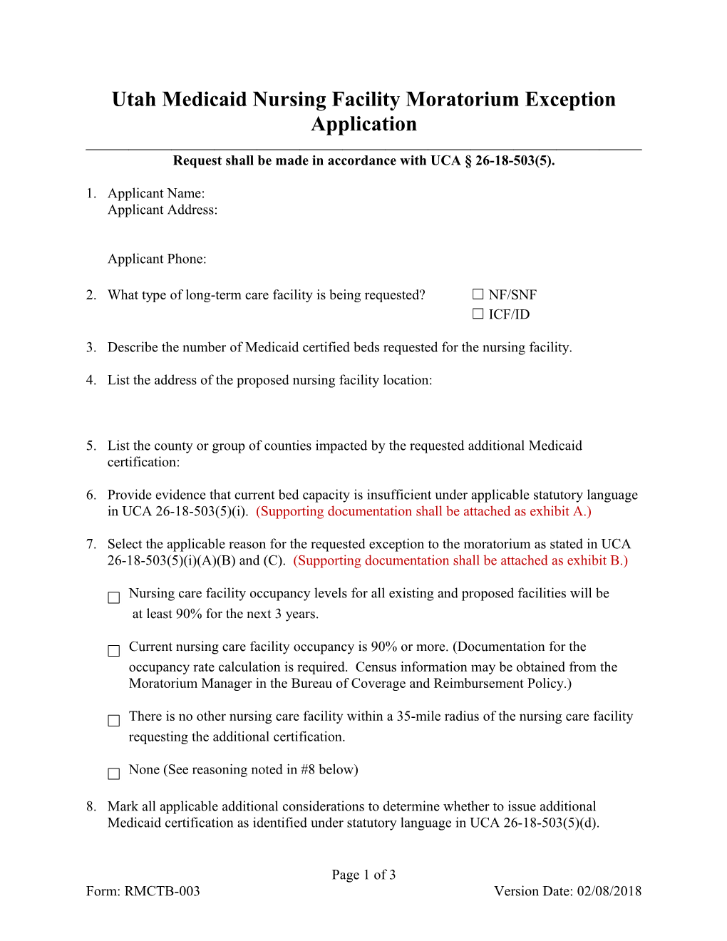 Utah Medicaid Nursing Facility Moratorium Exception Application