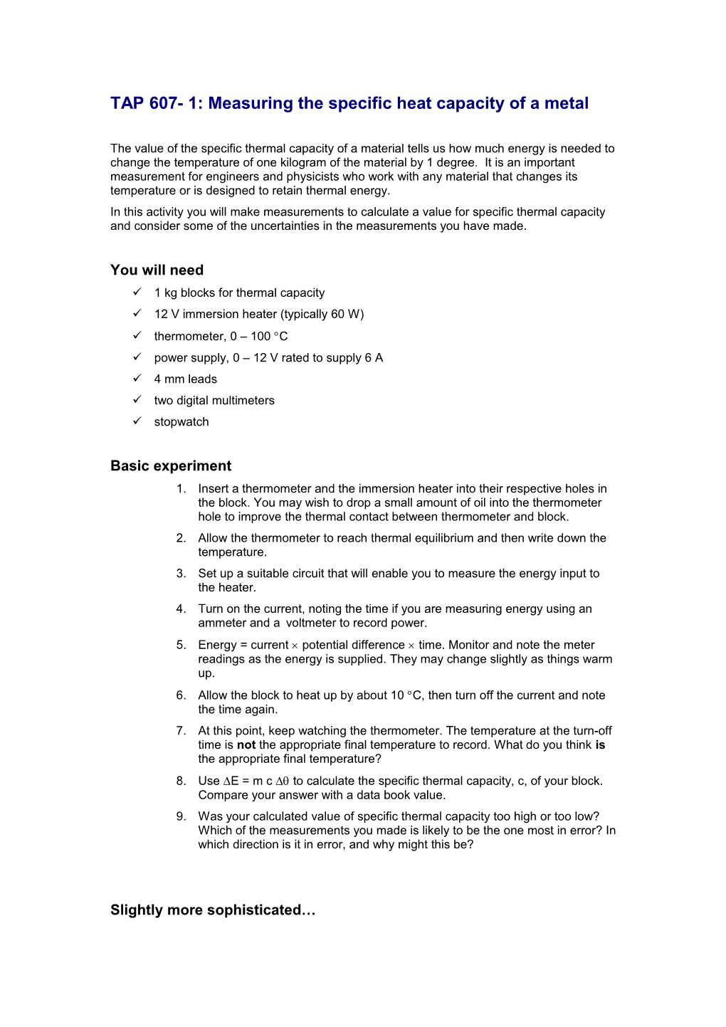 TAP 607- 1: Measuring the Specific Heat Capacity of a Metal