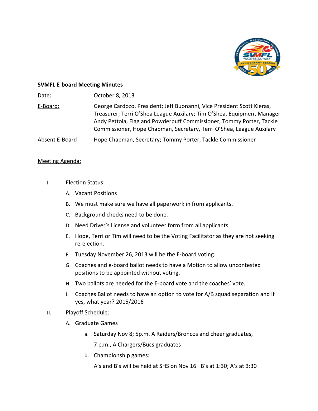 SVMFL E-Board Meeting Minutes