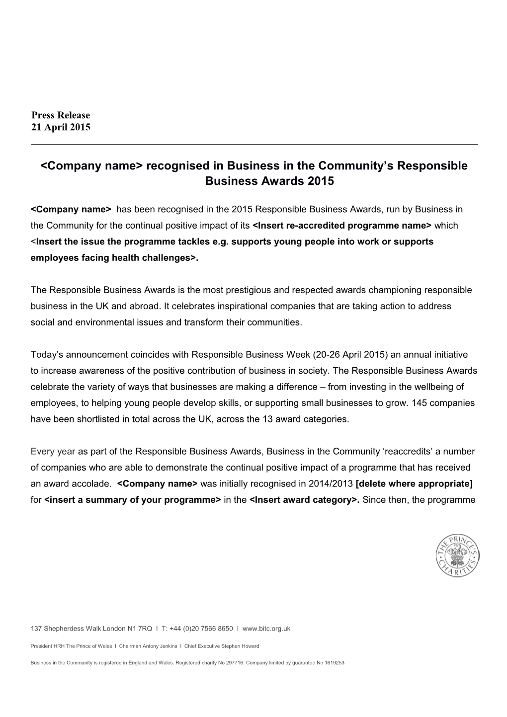 &lt;Company Name&gt; Recognised in Business in the Community S Responsible Business Awards 2015