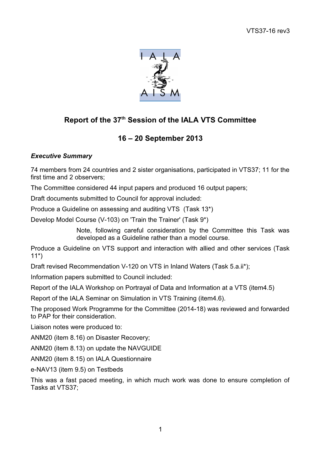 Report of the 37Th Session of the IALA VTS Committee