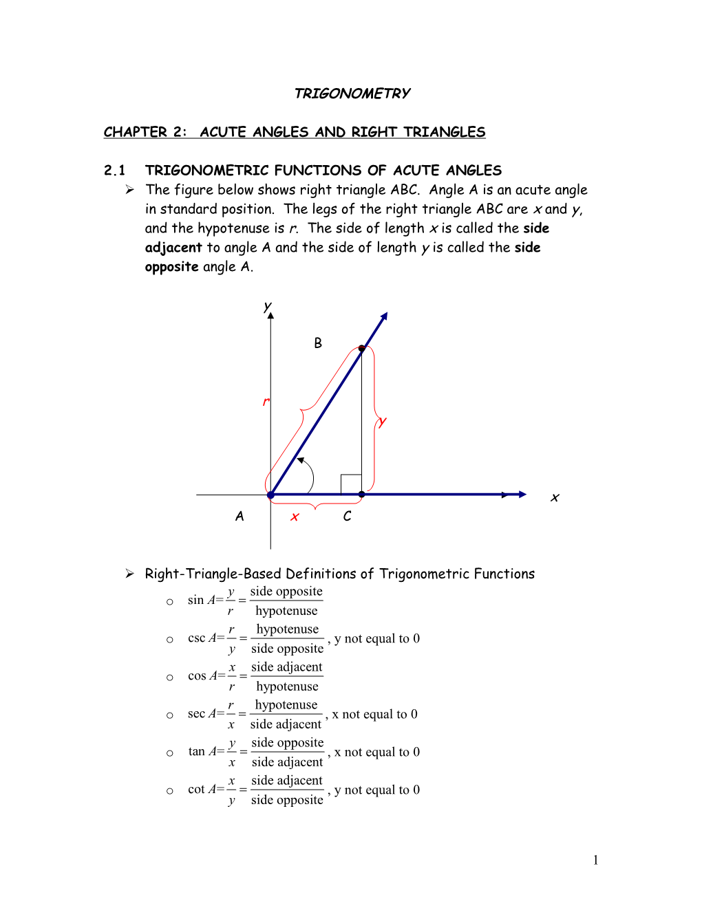 Chapter 2: Acute Angles and Right Triangles