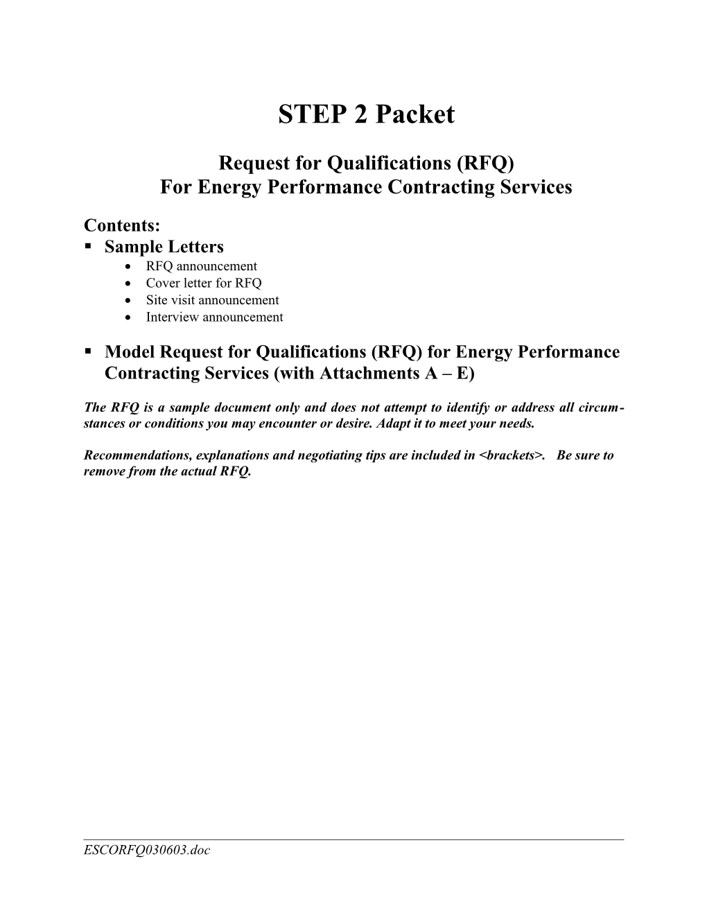 Sample Documents for Performance Contracting