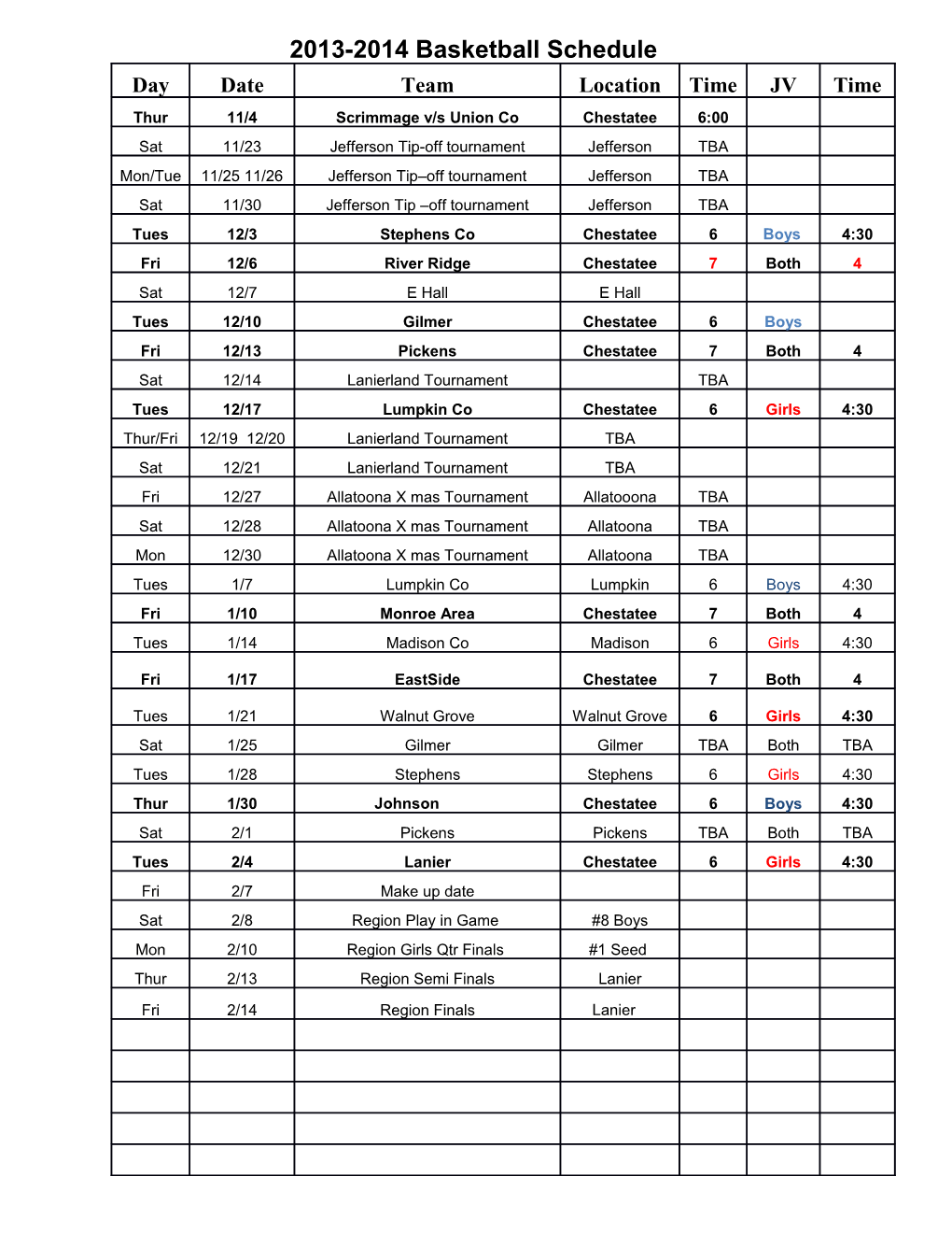 2013-2014 Basketball Schedule