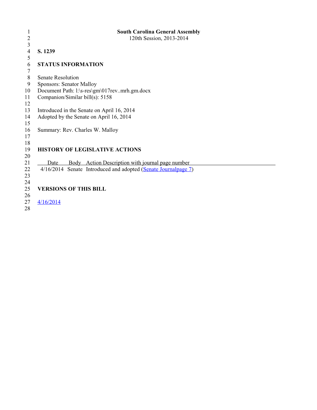 2013-2014 Bill 1239: Rev. Charles W. Malloy - South Carolina Legislature Online