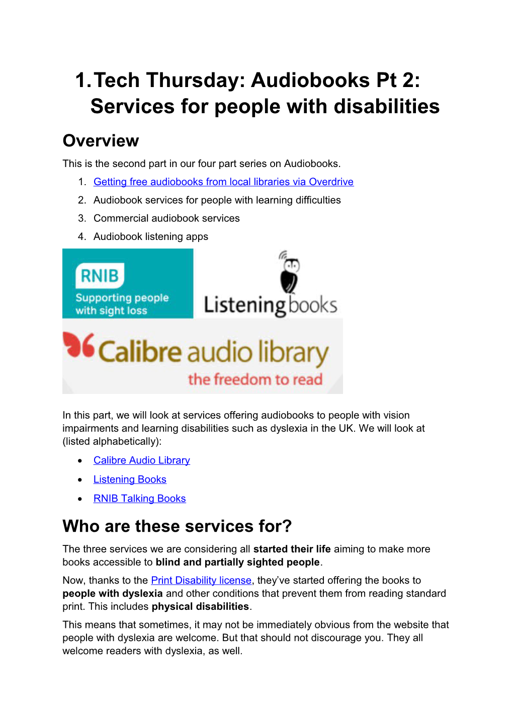 Tech Thursday: Audiobooks Pt 2: Services for People with Disabilities