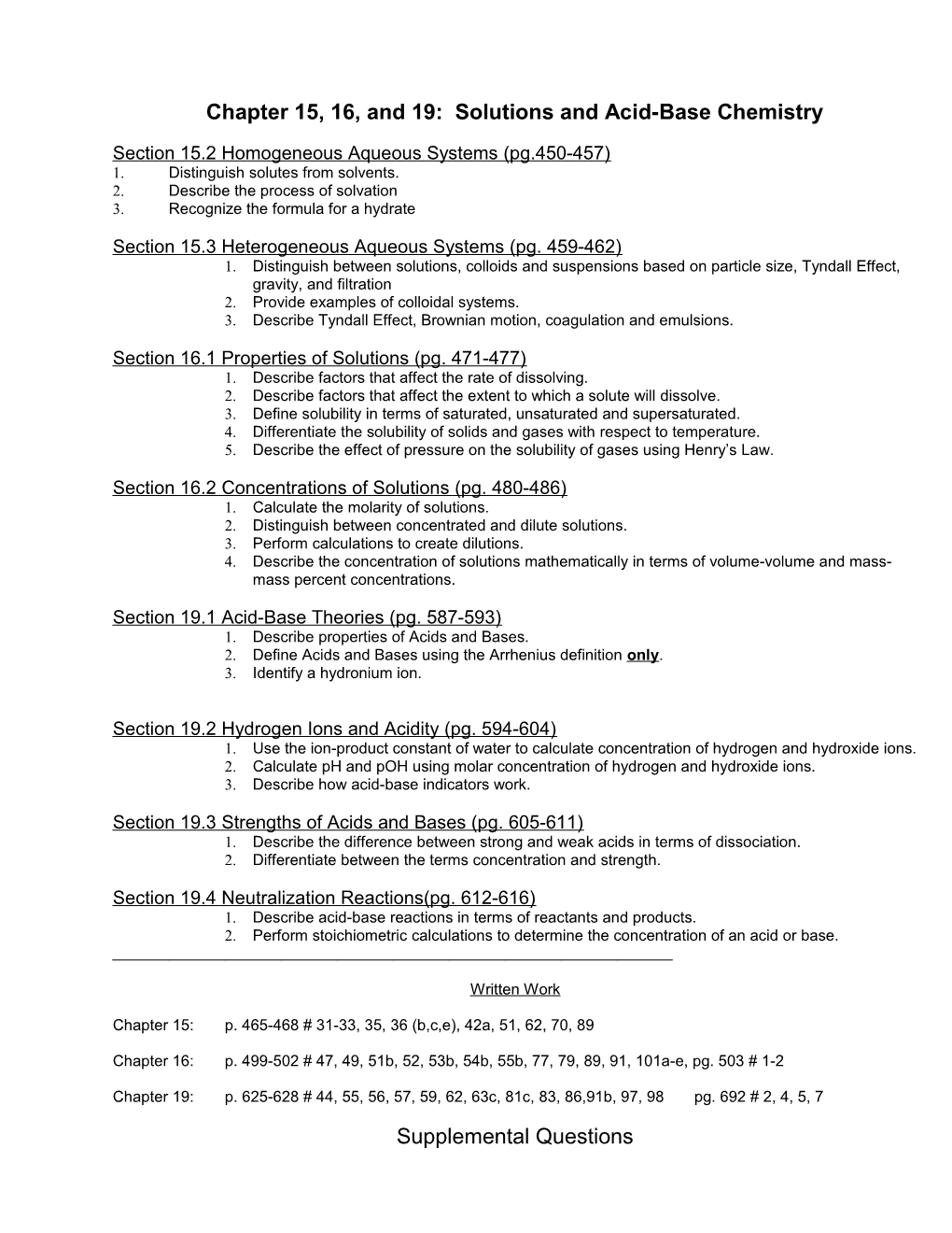 Chapter 15, 16, and 19: Solutions and Acid-Base Chemistry