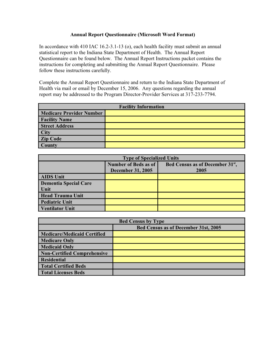 Annual Report of Comprehensive Long Term Care Facilities