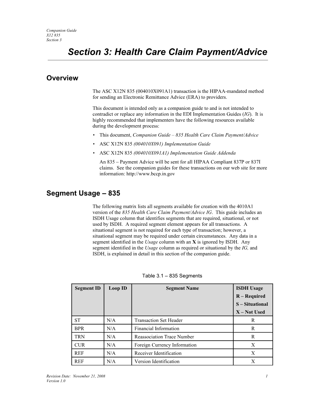 Section 3: Health Care Claim Payment/Advice