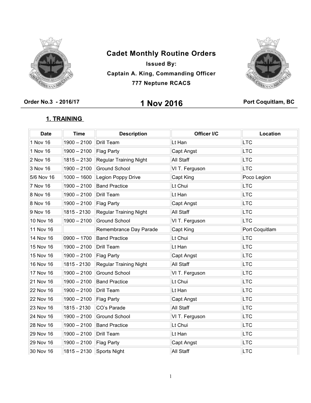 Cadet Monthly Routine Ordersissued By:Captain A. King, Commanding Officer777 Neptune RCACS
